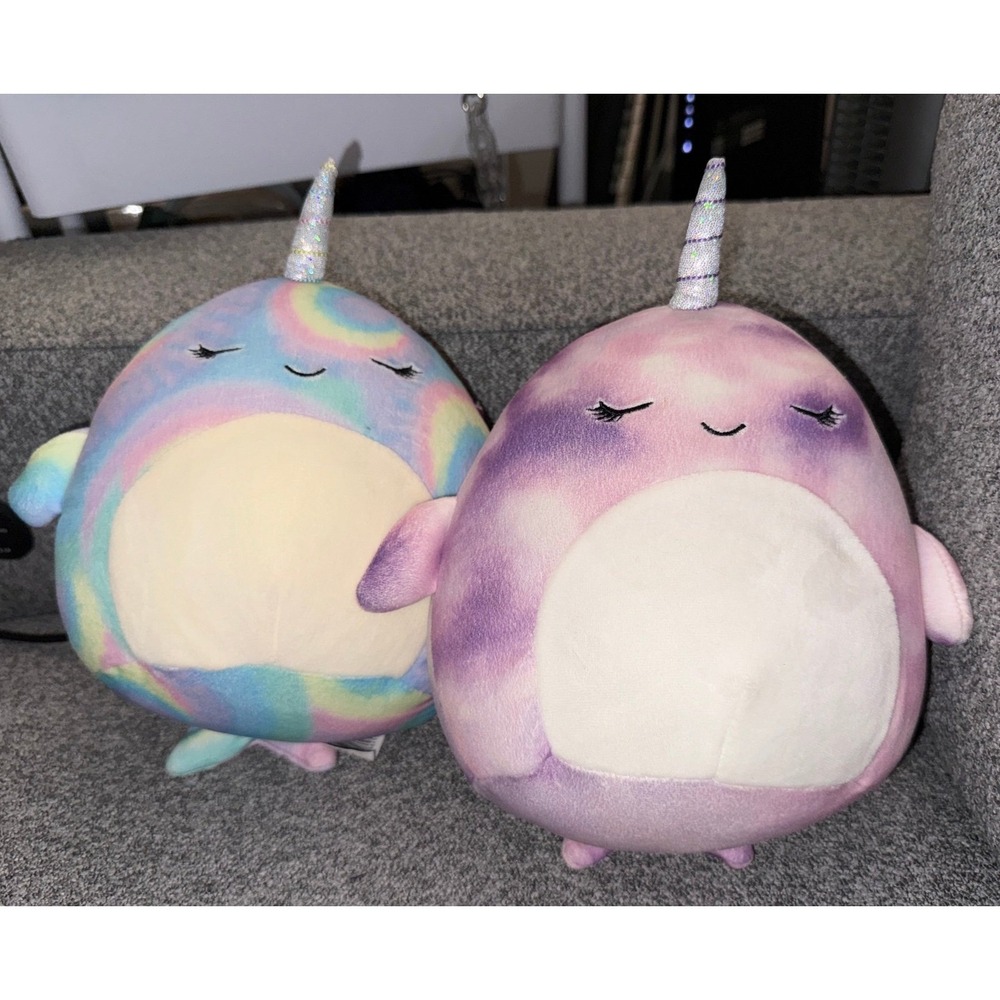 Squishmallows Ter + Nabila Narwhal Plush Lot 8" Rainbow + Purple Tie-Dye Fantasy